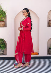 Adab – Authentic Red Embroidered Kurta Set with Satin Organza Dupatta