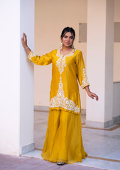 FARUKI – Mustard Tussar Silk Kurta with Organza Palazzo & Dupatta