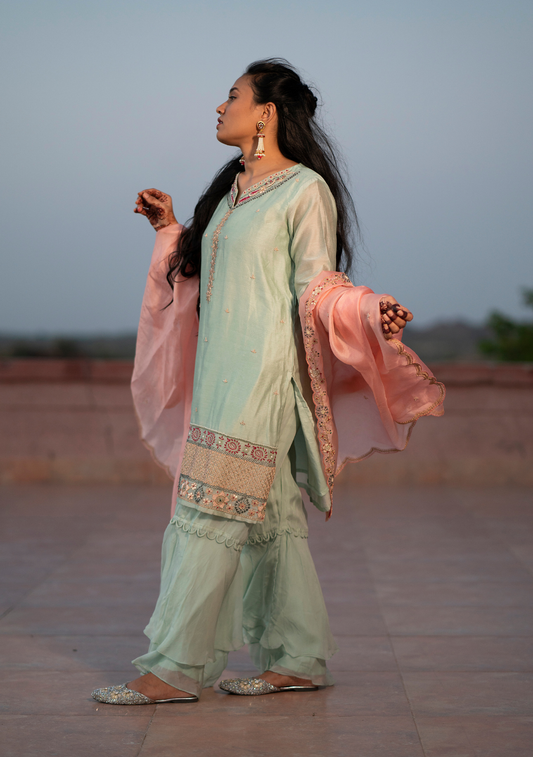 Gigi Collection – Mint Grace Straight Kurta Set with Palazzo & Contrast Dupatta