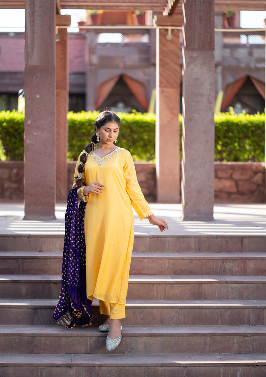 Zainab – Yellow A-Line Kurta Set in Russian Silk with Zardozi Handwork & Contrast Bandhani Dupatta
