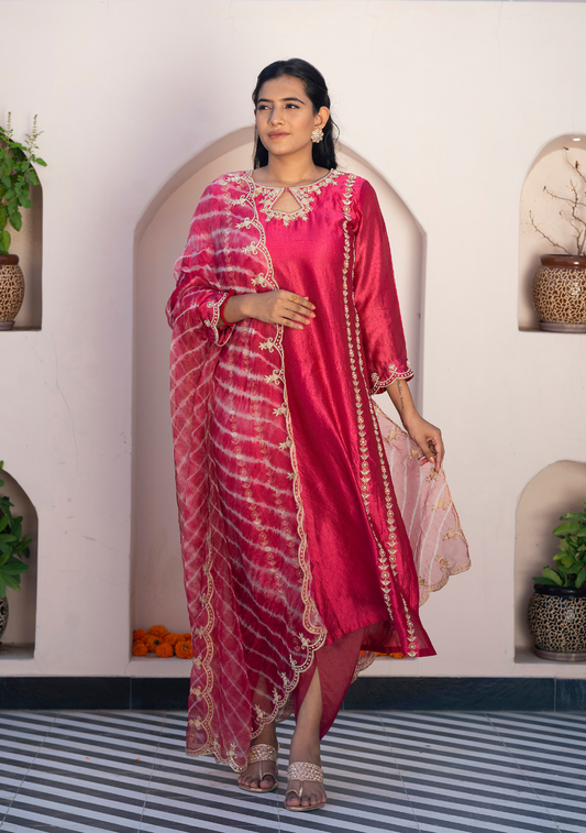 Hafsa – Hand Embellished Kora Silk Kurta Set with Leheriya Dupatta