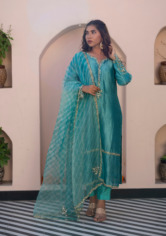 Alia – Teal Kora Silk Handworked Kurta Set with Leheriya Dupatta