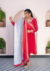Adab – Authentic Red Embroidered Kurta Set with Satin Organza Dupatta
