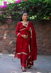 AIZA – Maroon Red Russian Silk Kurta Set
