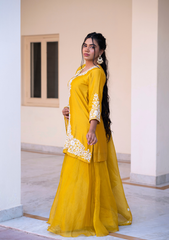 FARUKI – Mustard Tussar Silk Kurta with Organza Palazzo & Dupatta