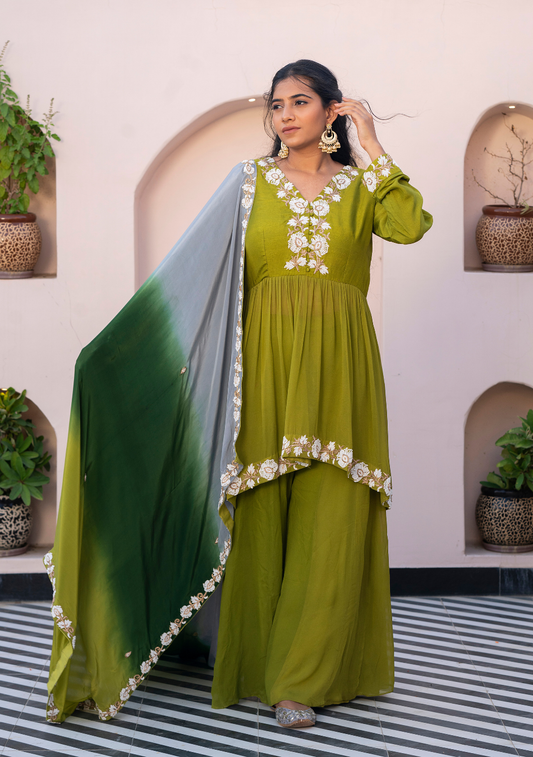 Haniya – White Moti Handwork Peplum Kurta with Flared Palazzo & Shaded Dupatta