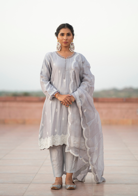 Era – Silver Elegance A-Line Set with Organza Dupatta