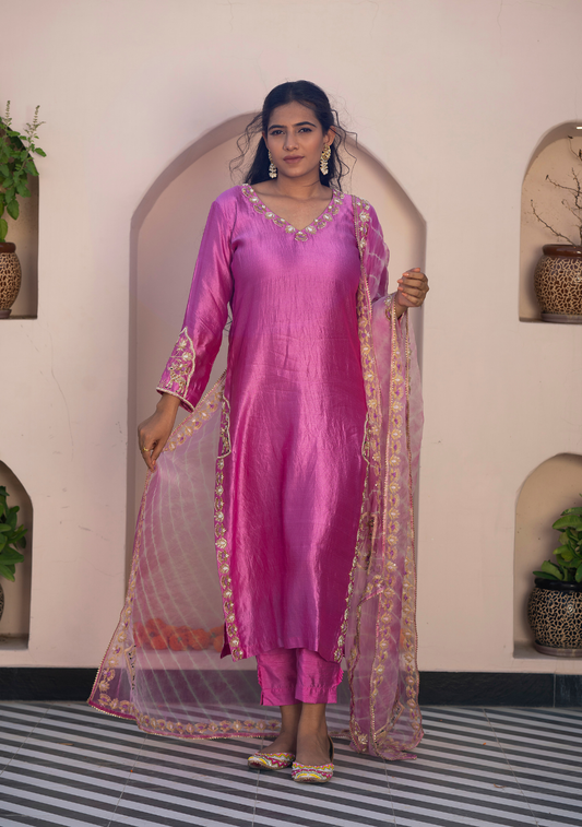 Raisa – Handcrafted Zardozi & Moti Work Kora Silk Kurta Set