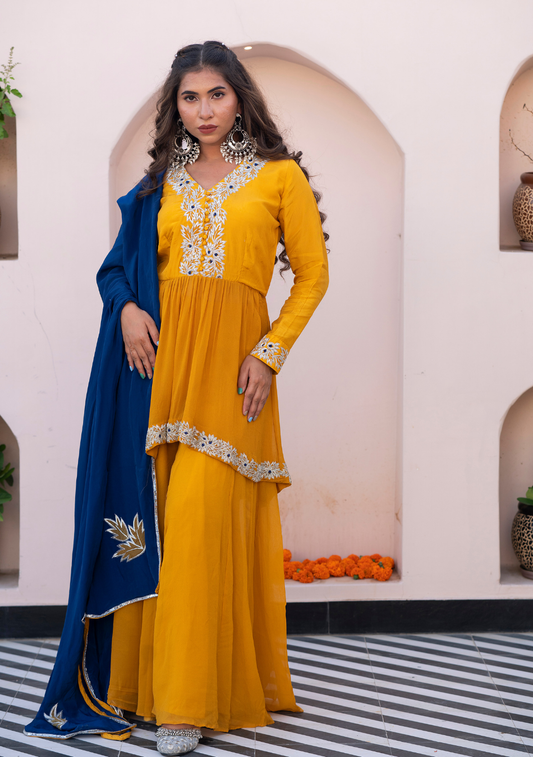 INAAYA Mustard Yellow Georgette Up-Down Peplum with Contrast Blue Dupatta