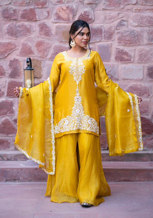 FARUKI – Mustard Tussar Silk Kurta with Organza Palazzo & Dupatta