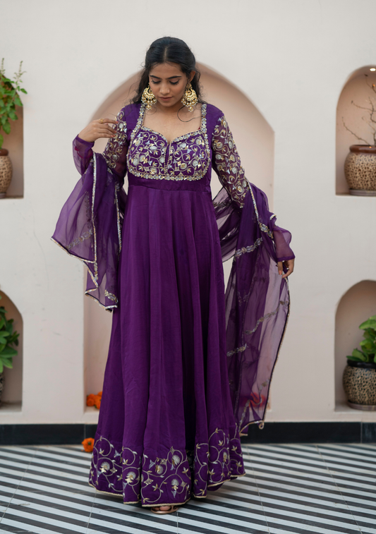 Uzma Collection – Royal Purple Assam Silk Anarkali in Rajputi Style