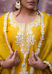 FARUKI – Mustard Tussar Silk Kurta with Organza Palazzo & Dupatta