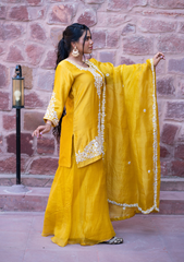 FARUKI – Mustard Tussar Silk Kurta with Organza Palazzo & Dupatta