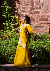 FARUKI – Mustard Tussar Silk Kurta with Organza Palazzo & Dupatta
