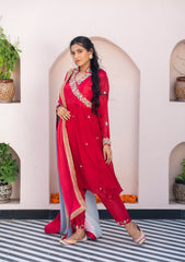 Adab – Authentic Red Embroidered Kurta Set with Satin Organza Dupatta